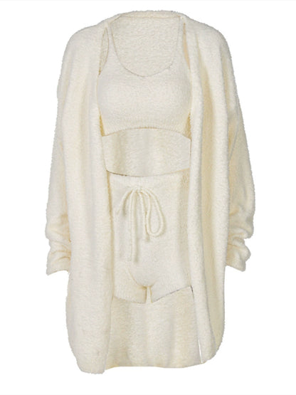 Shemoda temperament knitted mohair three piece set women's camisole tank top+high waisted shorts+cardigan jacket