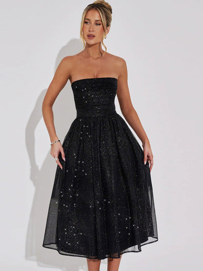 Shemoda: Korra Strapless Dress | Nüra - Elevate your style with Shemoda's Korra Strapless Dress. Sequin mesh bodice, A-line silhouette, perfect for festive and evening occasions. - $30.00