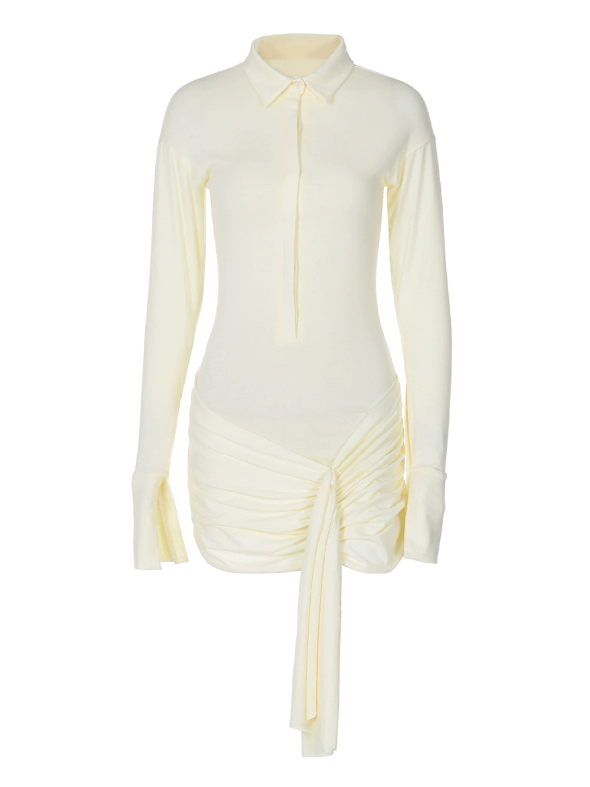 Shemoda: Lexi Shirt Dress | Nüra - Discover elegance with Shemoda's Lexi Shirt Dress. Featuring a slimming fit, classic collar, and asymmetrical ruched hem for a chic look. - $30.00