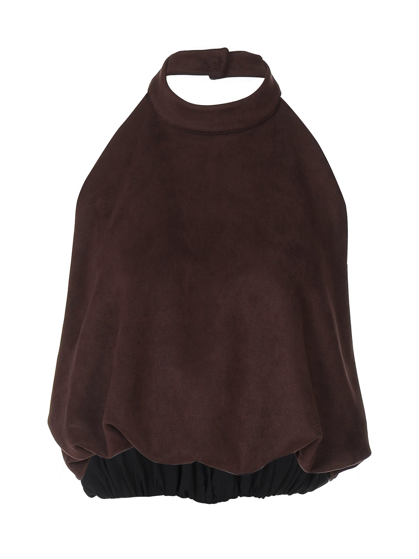 Shemoda: Leda Halter Blouse | Nüra - Elevate your style with Shemoda's Leda Halter Blouse. Suede-like fabric, high neckline, and ruched hem for a bold, elegant look. Perfect for confidence. - $24.00