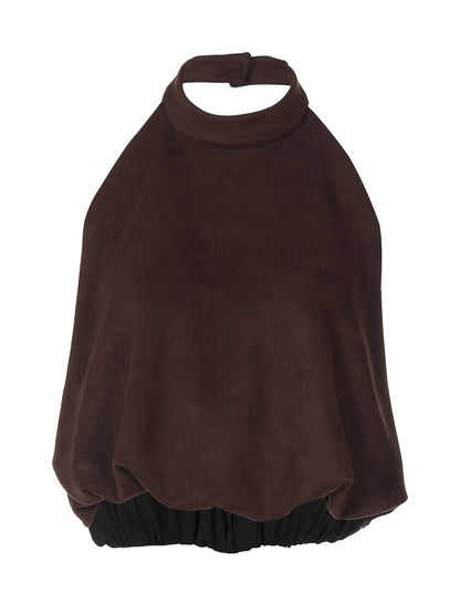 Shemoda: Leda Halter Blouse | Nüra - Elevate your style with Shemoda's Leda Halter Blouse. Suede-like fabric, high neckline, and ruched hem for a bold, elegant look. Perfect for confidence. - $24.00