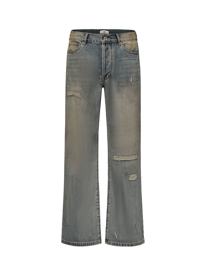 MUKHINA: Distressed Micro Brushed Flared Jeans | Nüra - Discover MUKHINA's Distressed Micro Brushed Flared Jeans for men, blending modern style with comfort. Perfect fit with a subtle distressed look. - $100.00