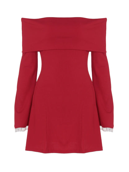 Shemoda: Lexi Off-shoulder Dress | Nüra - Discover the Lexi Off-shoulder Dress by Shemoda: a chic bodycon mini with ruffled neckline, bell sleeves, and lace trim for a modern, romantic look. - $22.00