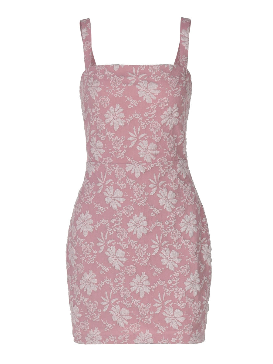 Shemoda: Nyla Sheath Dress | Nüra - Discover elegance with Shemoda's Nyla Sheath Dress. Pink jacquard, square neckline, floral embroidery, and a stunning bareback waist. - $28.00