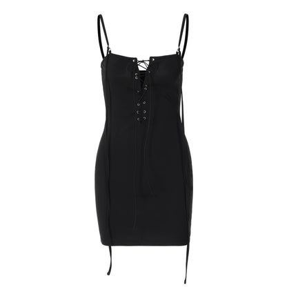 Shemoda: Lila Lace-Up Dress | Nüra - Discover the Lila Lace-Up Dress by Shemoda: a sleek black mini with a bold minimalist design, featuring a unique one-neck rope and lace-up detail. - $17.00
