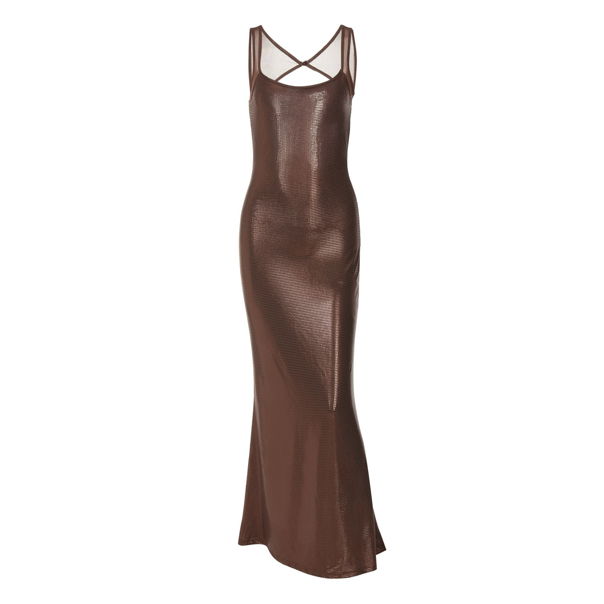 Shemoda: Thalia Maxi Dress | Nüra - Shine in Shemoda's Thalia Maxi Dress with sequins, lace, and snakeskin texture. Fitted silhouette, criss-cross straps, and flared skirt for elegance. - $24.00