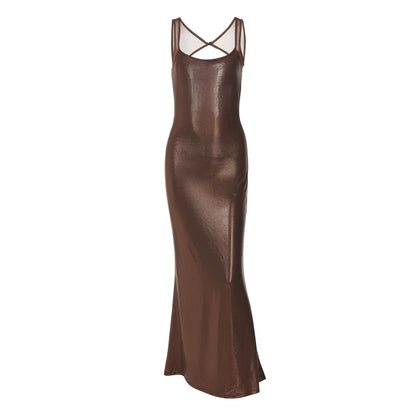 Shemoda: Thalia Maxi Dress | Nüra - Shine in Shemoda's Thalia Maxi Dress with sequins, lace, and snakeskin texture. Fitted silhouette, criss-cross straps, and flared skirt for elegance. - $24.00