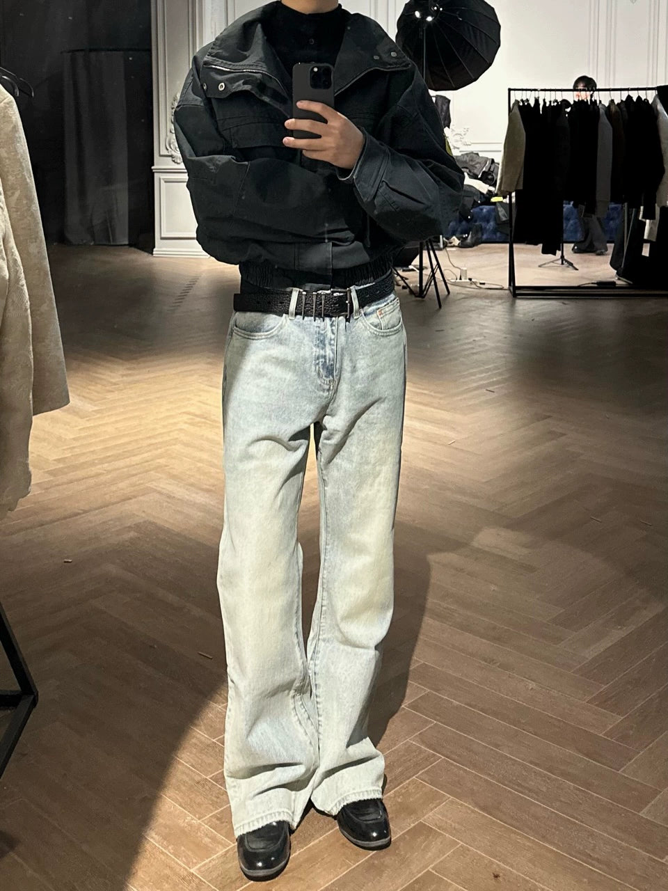 MUKHINA: Vintage Wash Micro Flared Jeans | Nüra - Unisex Vintage Wash Micro Flared Jeans by MUKHINA: Durable, stretchy, USA-made denim with timeless water-distressed detailing. - $106.00