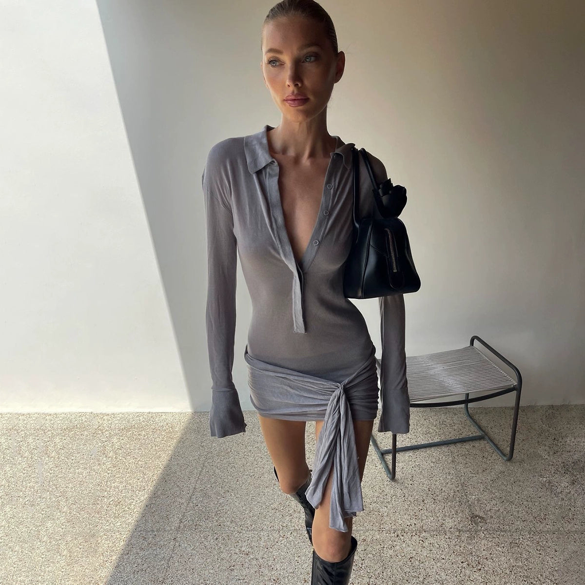 Shemoda: Lexi Shirt Dress | Nüra - Discover elegance with Shemoda's Lexi Shirt Dress. Featuring a slimming fit, classic collar, and asymmetrical ruched hem for a chic look. - $30.00