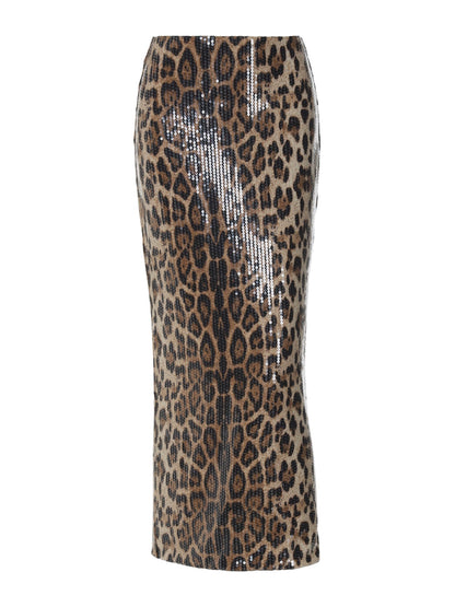 Shemoda: Briar Glow Pencil Skirt | Nüra - Elevate your style with Shemoda's Briar Glow Pencil Skirt. High-waisted, leopard print, and reflective finish for a bold, glamorous look. - $31.00