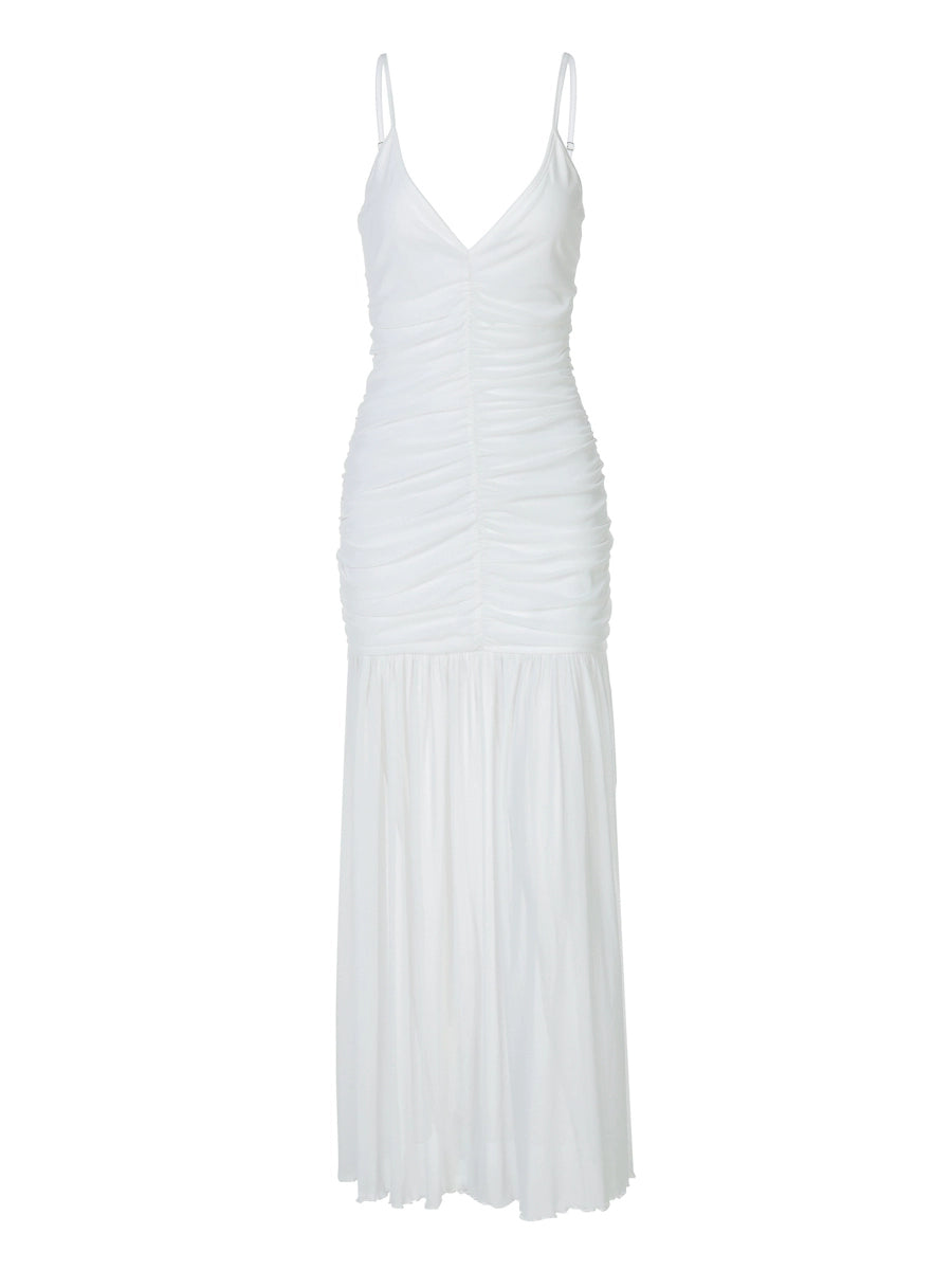 Shemoda: Alina Sheer Dress | Nüra - Discover elegance with the Alina Sheer Dress by Shemoda: double-layer mesh, deep V-neck, ruched bodice, and a flowing sheer skirt. Perfect for summer. - $25.00