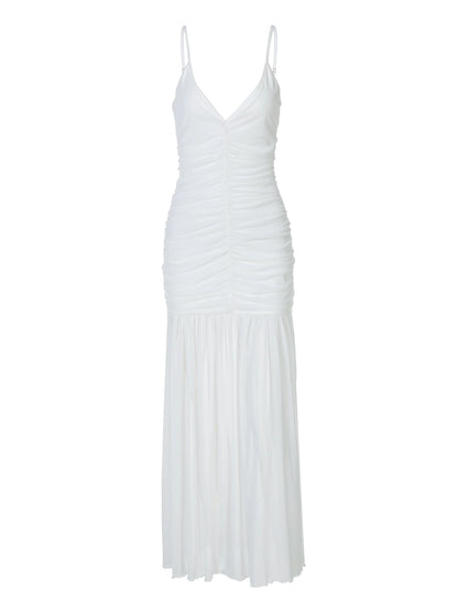 Shemoda: Alina Sheer Dress | Nüra - Discover elegance with the Alina Sheer Dress by Shemoda: double-layer mesh, deep V-neck, ruched bodice, and a flowing sheer skirt. Perfect for summer. - $25.00