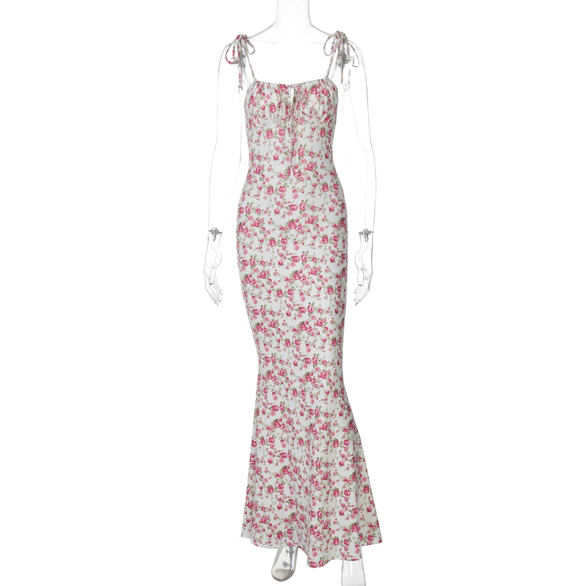 Shemoda: Dawn Floral Dress | Nüra - Chic summer style with Shemoda's Dawn Floral Dress: high waist, slim fit, blue flowers, bow straps, ruched neckline, and fishtail skirt. - $22.00