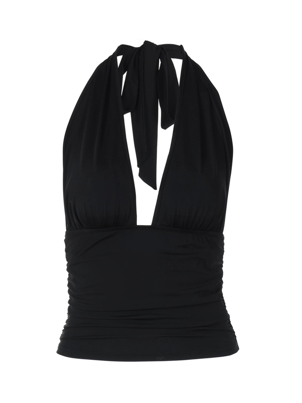 Shemoda: Sexy deep V-neck backless hanging neck tank top, elastic high waist slim fit short top | Nüra - Elevate your style with Shemoda's sexy black halter top. Deep V-neck, backless, and slim fit for a chic night out or casual elegance. - $17.00
