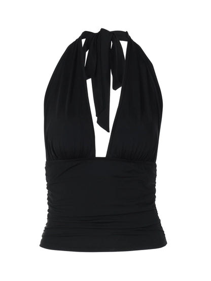 Shemoda: Sexy deep V-neck backless hanging neck tank top, elastic high waist slim fit short top | Nüra - Elevate your style with Shemoda's sexy black halter top. Deep V-neck, backless, and slim fit for a chic night out or casual elegance. - $17.00