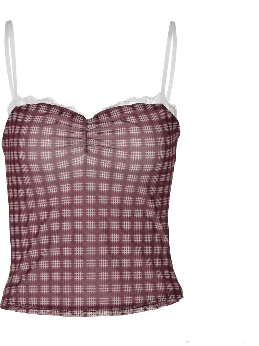 Shemoda: Sophie Sweetheart Crop | Nüra - Discover Shemoda's Sophie Sweetheart Crop: a sleeveless plaid top with lace, ruched bust, and backless design. Perfect for chic, warm-weather looks. - $17.00