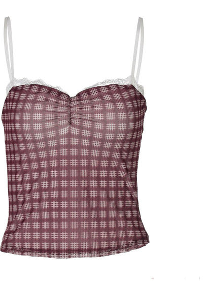 Shemoda: Sophie Sweetheart Crop | Nüra - Discover Shemoda's Sophie Sweetheart Crop: a sleeveless plaid top with lace, ruched bust, and backless design. Perfect for chic, warm-weather looks. - $17.00