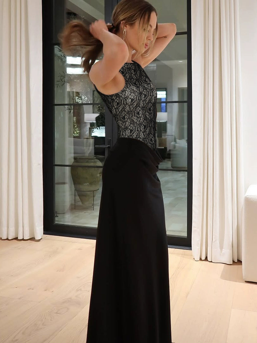 Shemoda: Ava Evening Dress | Nüra - Elevate your style with Shemoda's Ava Evening Dress. Luxe black gown with lace bodice & satin skirt, perfect for weddings & formal events. - $28.00