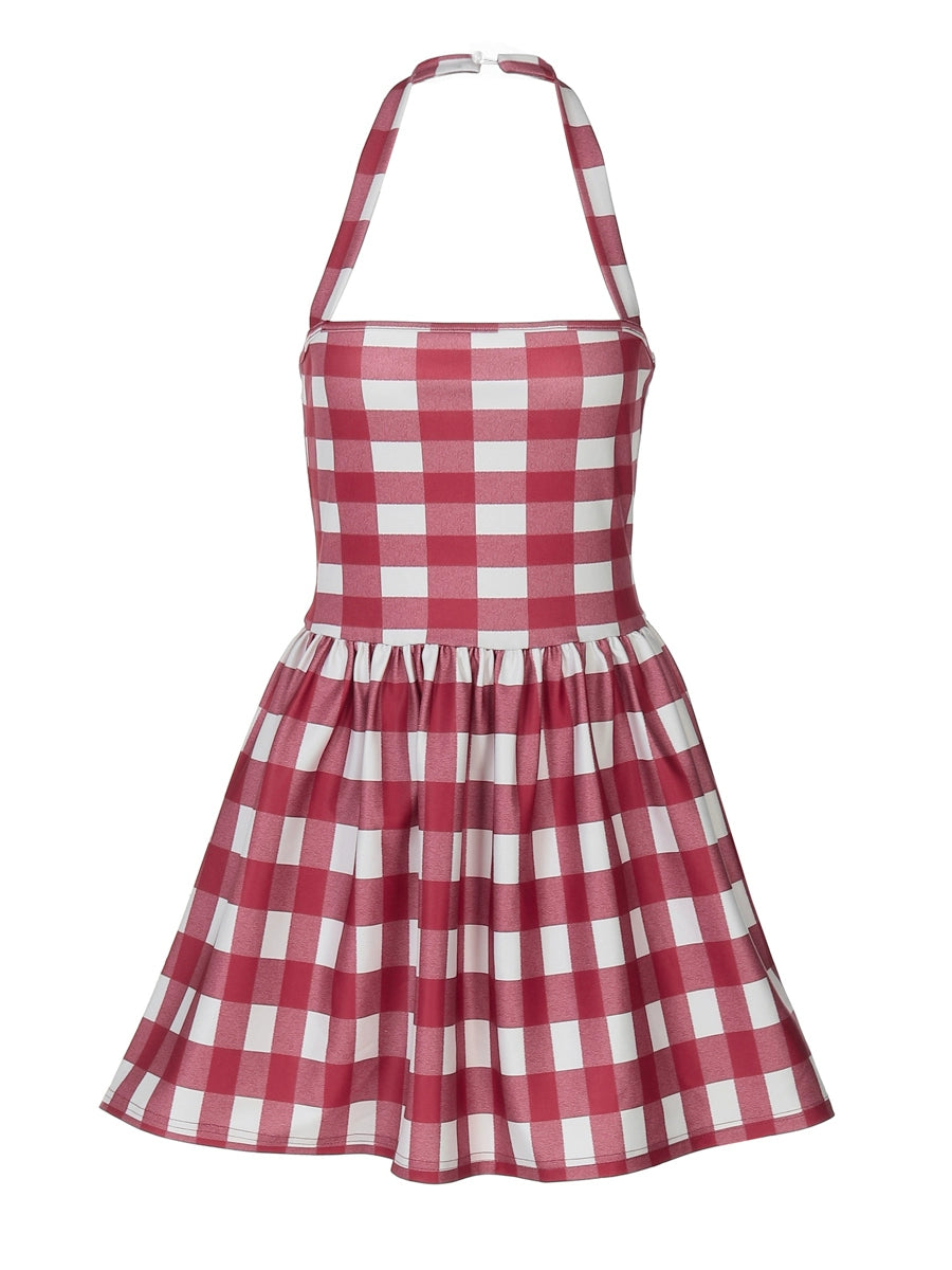 Shemoda: Freya Retro Halter Dress | Nüra - Discover Shemoda's Freya Retro Halter Dress: a chic Hong Kong-style plaid dress with a backless cut and pleated skirt, perfect for summer outings. - $19.00
