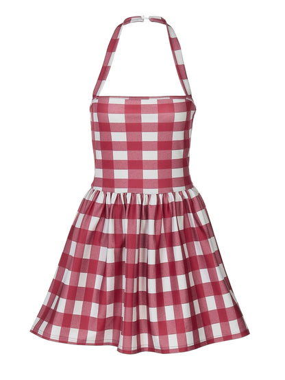 Shemoda: Freya Retro Halter Dress | Nüra - Discover Shemoda's Freya Retro Halter Dress: a chic Hong Kong-style plaid dress with a backless cut and pleated skirt, perfect for summer outings. - $19.00