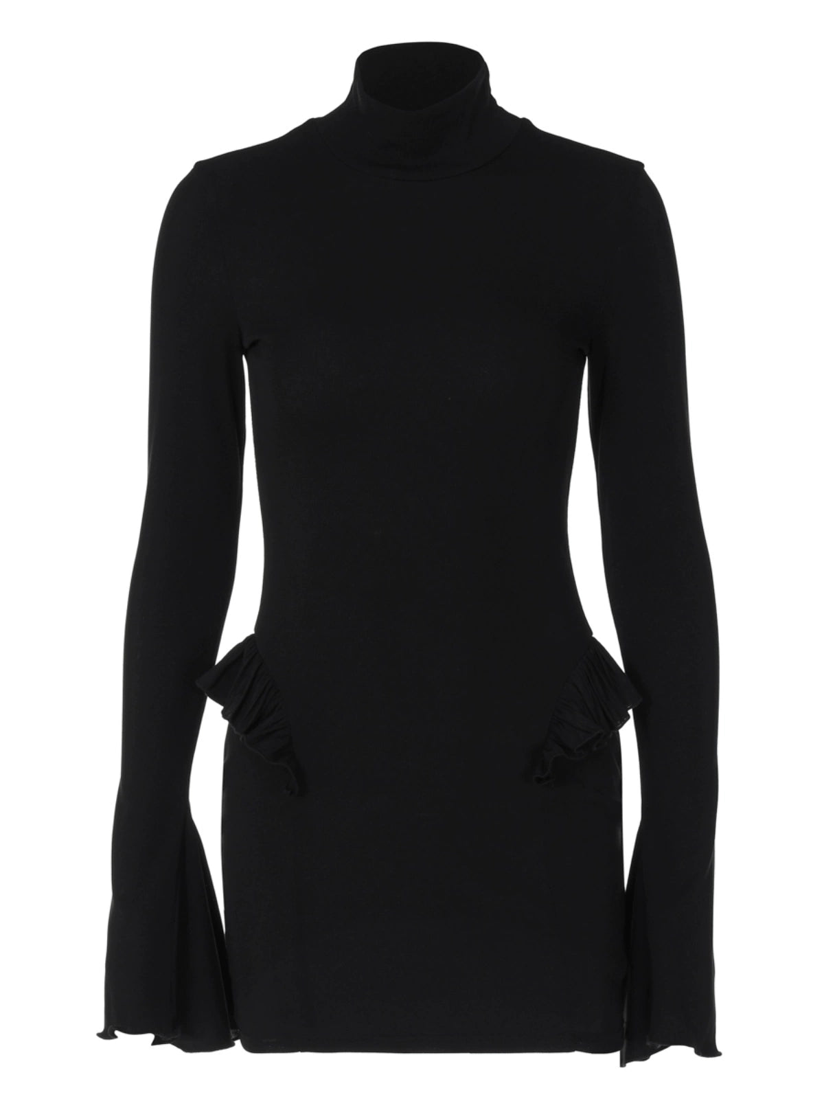 Shemoda: Nyx Midnight Dress | Nüra - Discover the Nyx Midnight Dress by Shemoda: a bold, sculptural look with a high turtleneck, bell sleeves, and ruffled peplum accents for autumn. - $22.00