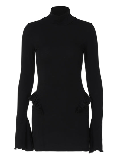 Shemoda: Nyx Midnight Dress | Nüra - Discover the Nyx Midnight Dress by Shemoda: a bold, sculptural look with a high turtleneck, bell sleeves, and ruffled peplum accents for autumn. - $22.00