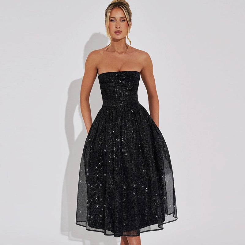 Shemoda: Korra Strapless Dress | Nüra - Elevate your style with Shemoda's Korra Strapless Dress. Sequin mesh bodice, A-line silhouette, perfect for festive and evening occasions. - $30.00