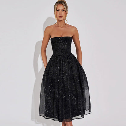 Shemoda: Korra Strapless Dress | Nüra - Elevate your style with Shemoda's Korra Strapless Dress. Sequin mesh bodice, A-line silhouette, perfect for festive and evening occasions. - $30.00