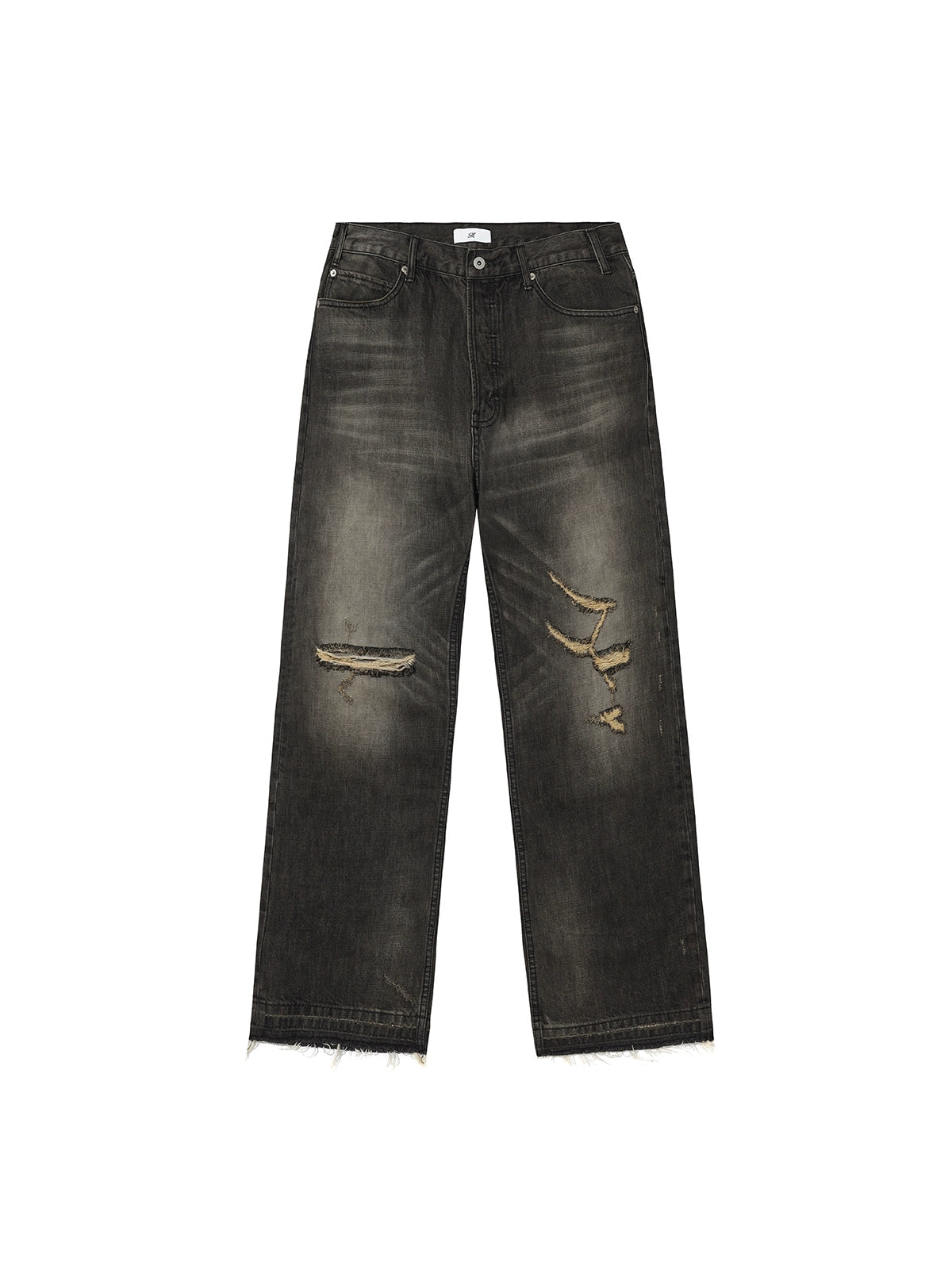 MUKHINA: Damaged Loose Straight Fit Jeans | Nüra - Discover MUKHINA's Damaged Loose Straight Fit Jeans with unique black & yellow detailing and tassel patches for a trendy, authentic style. - $92.00