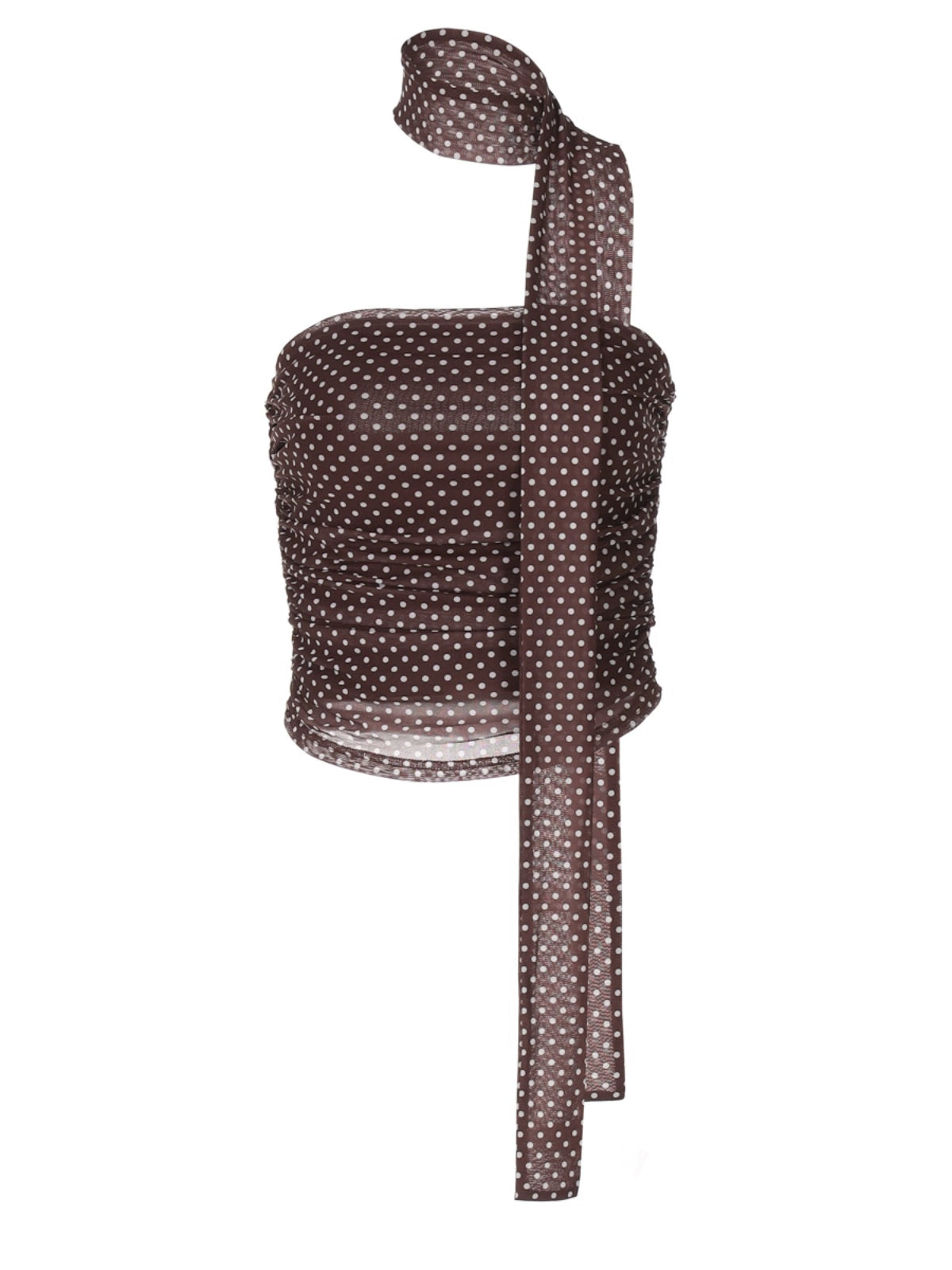 Shemoda: Kara Wrap Top | Nüra - Discover Shemoda's chic Kara Wrap Top: a polka dot crop with an asymmetric neckline, ruched sides, and a unique scarf-like neck strap. - $17.00