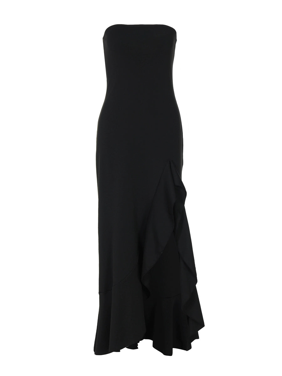 Shemoda: Luna Slit Gown | Nüra - Discover Shemoda's Luna Slit Gown: a strapless, elegant evening dress with a thigh-high slit, ruffles, and a fitted bodice for formal allure. - $22.00
