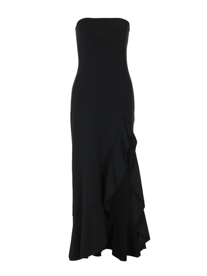 Shemoda: Luna Slit Gown | Nüra - Discover Shemoda's Luna Slit Gown: a strapless, elegant evening dress with a thigh-high slit, ruffles, and a fitted bodice for formal allure. - $22.00
