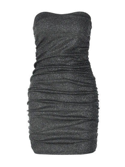 Shemoda: Evora Mini Dress | Nüra - Shine in style with Shemoda's Evora Mini Dress. Strapless, ruched, and glittery, it's perfect for parties with its sleek, flattering silhouette. - $17.00