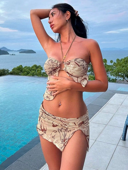 Shemoda: Saffron Sunburst Set | Nüra - Embrace summer in Shemoda's Saffron Sunburst Set: a chic mesh bikini with a bandeau top and ruched skirt. Perfect for sun-soaked days. - $19.00