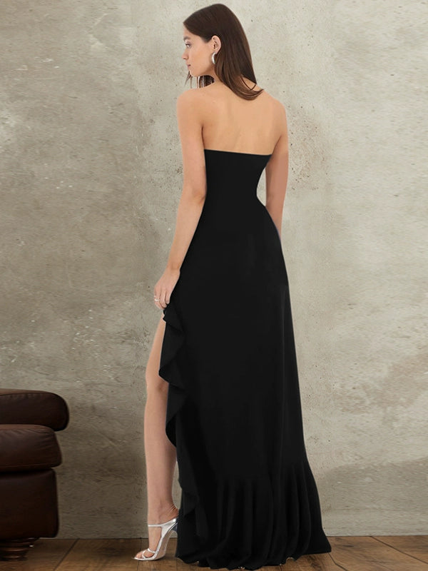 Shemoda: Luna Slit Gown | Nüra - Discover Shemoda's Luna Slit Gown: a strapless, elegant evening dress with a thigh-high slit, ruffles, and a fitted bodice for formal allure. - $22.00