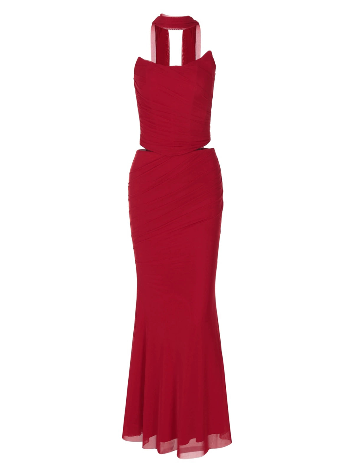 Shemoda: Ivana Evening Dress | Nüra - Discover elegance with Shemoda's Ivana Evening Dress: a strapless halter top and high-waist skirt in sheer layers for a stunning, structured style. - $33.00