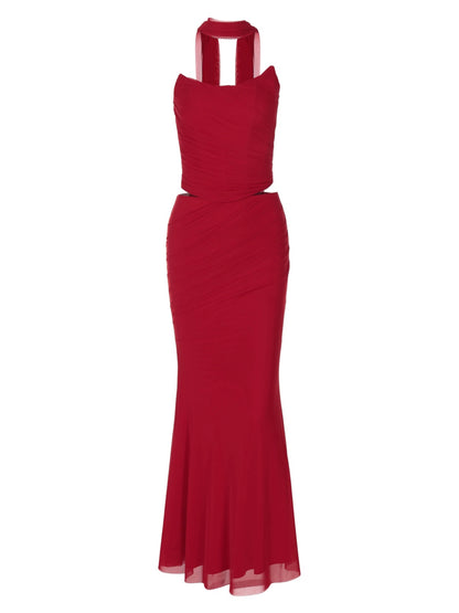Shemoda: Ivana Evening Dress | Nüra - Discover elegance with Shemoda's Ivana Evening Dress: a strapless halter top and high-waist skirt in sheer layers for a stunning, structured style. - $33.00