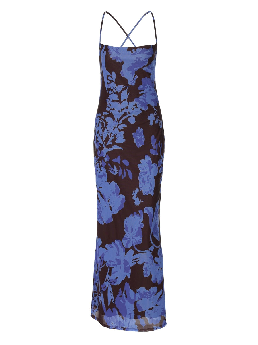 Shemoda: Ocean Bloom Dress | Nüra - Discover Shemoda's Ocean Bloom Dress: a bold blue floral maxi with crisscross straps and backless design. Perfect for vacations and warm events. - $24.00