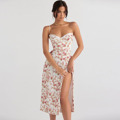 Shemoda: Vivienne Midi Dress | Nüra - Discover the Vivienne Midi Dress by Shemoda: a retro floral camisole with a high waist and side slit for a slimming, stylish silhouette. - $19.00