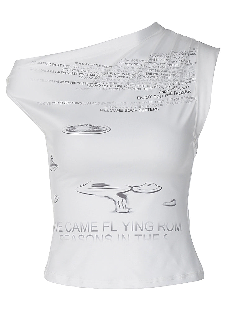 Shemoda: Sola Drip Top | Nüra - Discover Shemoda's Sola Drip Top: a bold, futuristic white crop top with asymmetrical cut, niche prints, and UFO graphics for edgy style seekers. - $19.00