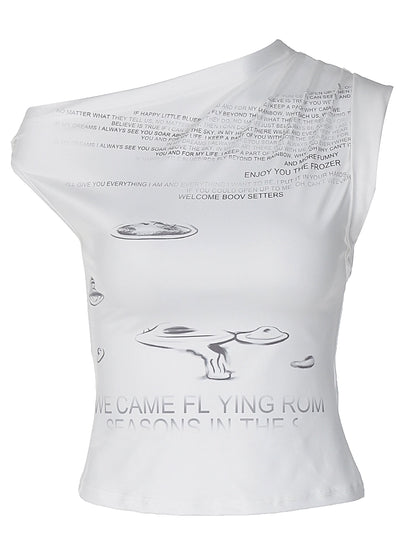 Shemoda: Sola Drip Top | Nüra - Discover Shemoda's Sola Drip Top: a bold, futuristic white crop top with asymmetrical cut, niche prints, and UFO graphics for edgy style seekers. - $19.00