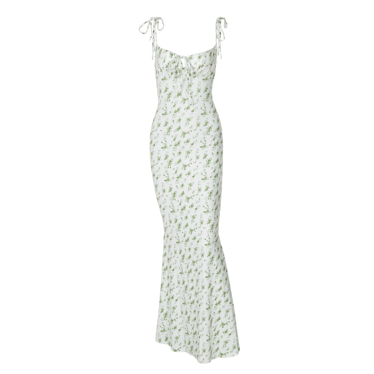 Shemoda: Dawn Floral Dress | Nüra - Chic summer style with Shemoda's Dawn Floral Dress: high waist, slim fit, blue flowers, bow straps, ruched neckline, and fishtail skirt. - $22.00