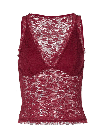Shemoda: Claire Lace Camisole | Nüra - Discover Shemoda's Claire Lace Camisole: a chic crop-top with floral lace, deep V-neck, and scalloped hem. Perfect for elegant summer style. - $19.00
