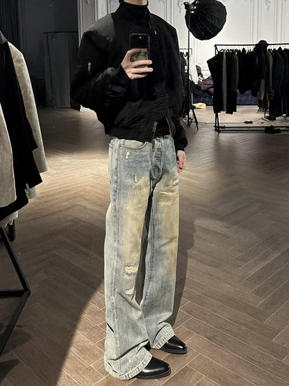 MUKHINA: Distressed Micro Brushed Flared Jeans | Nüra - Discover MUKHINA's Distressed Micro Brushed Flared Jeans for men, blending modern style with comfort. Perfect fit with a subtle distressed look. - $100.00