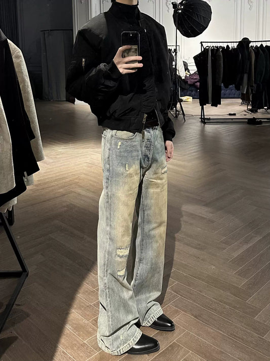 MUKHINA: Distressed Micro Brushed Flared Jeans | Nüra - Discover MUKHINA's Distressed Micro Brushed Flared Jeans for men, blending modern style with comfort. Perfect fit with a subtle distressed look. - $100.00