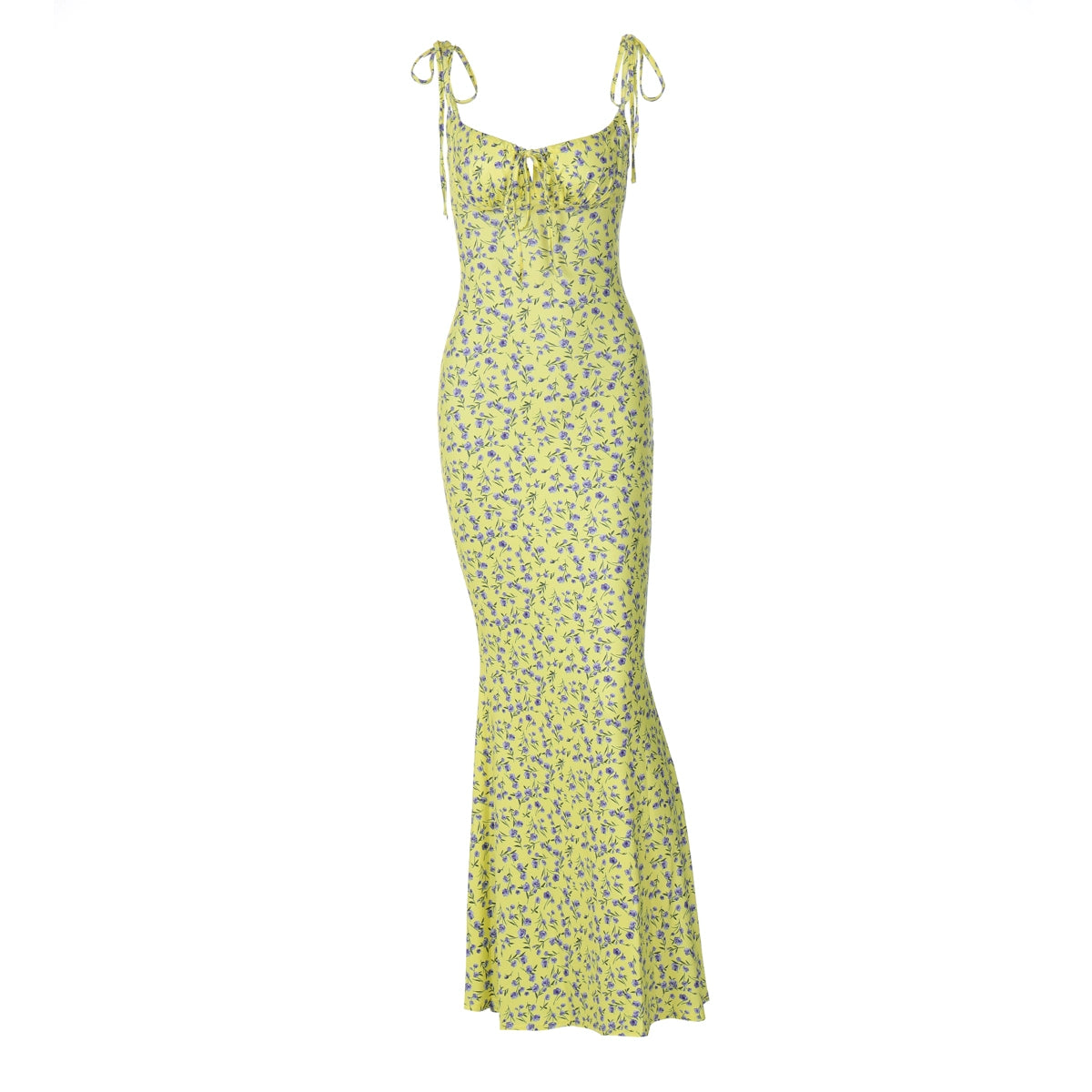 Shemoda: Dawn Floral Dress | Nüra - Chic summer style with Shemoda's Dawn Floral Dress: high waist, slim fit, blue flowers, bow straps, ruched neckline, and fishtail skirt. - $22.00