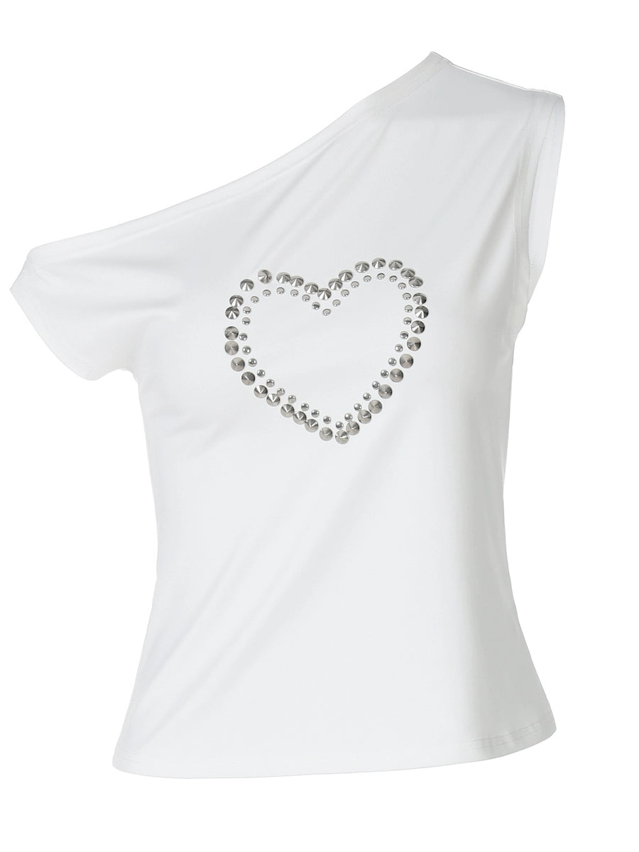 Shemoda: Blaze Studded Top | Nüra - Discover Shemoda's Blaze Studded Crop Top: a bold, spicy design with metal heart print, slanted collar, and off-shoulder cut for a chic, modern style. - $19.00