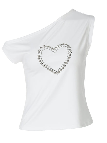 Shemoda: Blaze Studded Top | Nüra - Discover Shemoda's Blaze Studded Crop Top: a bold, spicy design with metal heart print, slanted collar, and off-shoulder cut for a chic, modern style. - $19.00