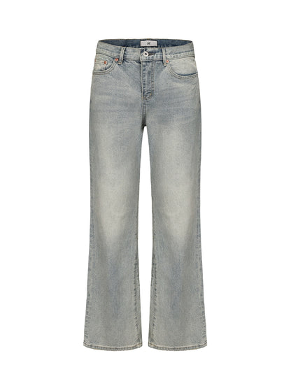 MUKHINA: Vintage Wash Micro Flared Jeans | Nüra - Unisex Vintage Wash Micro Flared Jeans by MUKHINA: Durable, stretchy, USA-made denim with timeless water-distressed detailing. - $106.00