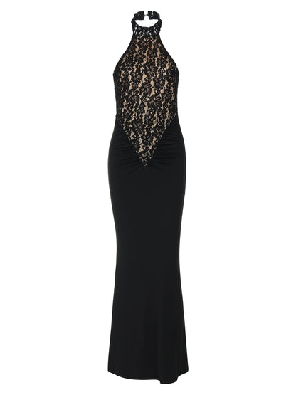 Shemoda: Celina Glimmer Dress | Nüra - Elevate your style with the Celina Glimmer Dress by Shemoda, featuring lace patchwork, a backless halter neckline, and a pleated high waist. - $22.00